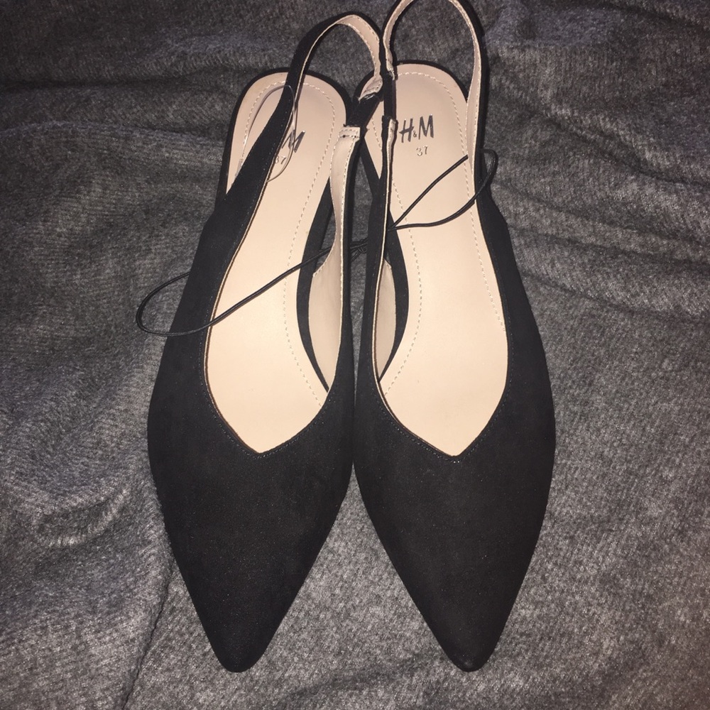 Black faux suede sling back kitten heels